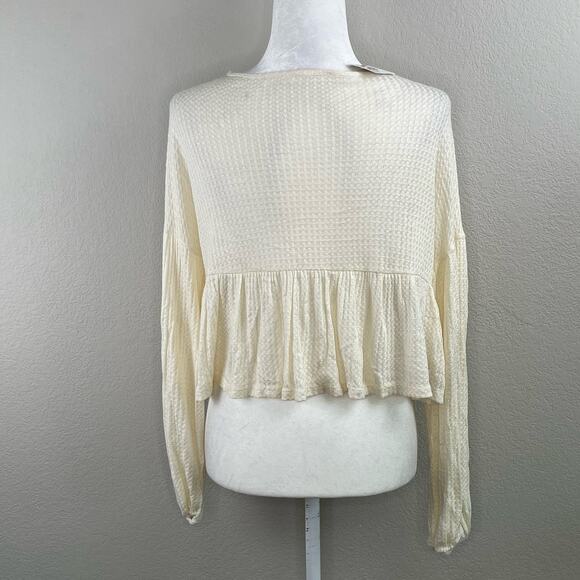 Lush Cream Waffle Knit Tie Front Peplum Babydoll Top Oversized Small/Medium NWT - Picture 13 of 13